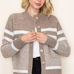 Cardigan sweater with taupe and white stripes