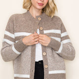 Cardigan sweater with taupe and white stripes