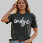 Charcoal t-shirt with graphic script Indy lettering