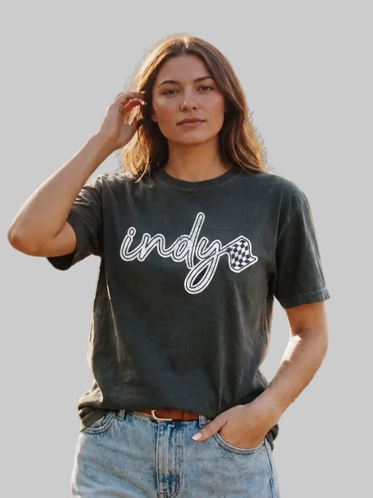 Charcoal t-shirt with graphic script Indy lettering