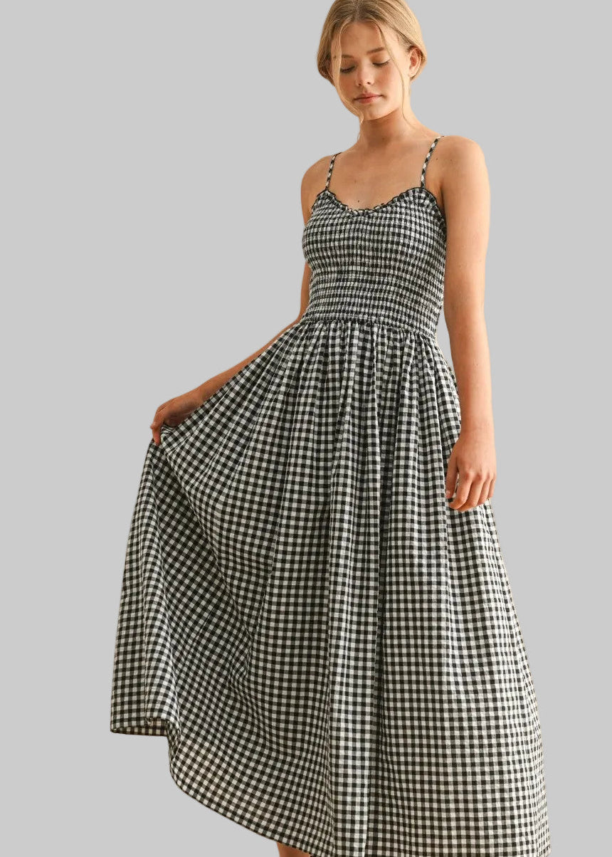 Gingham Print Midi Dress - Black and White Gingham Print Midi Dress - Black and White