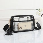 A clear plastic crossbody phone bag with black trim, a black tassel strap, and a black adjustable shoulder strap, 