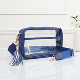 A blue waterproof crossbody bag with a clear plastic front window, a blue and white tassel charm, and an adjustable blue strap