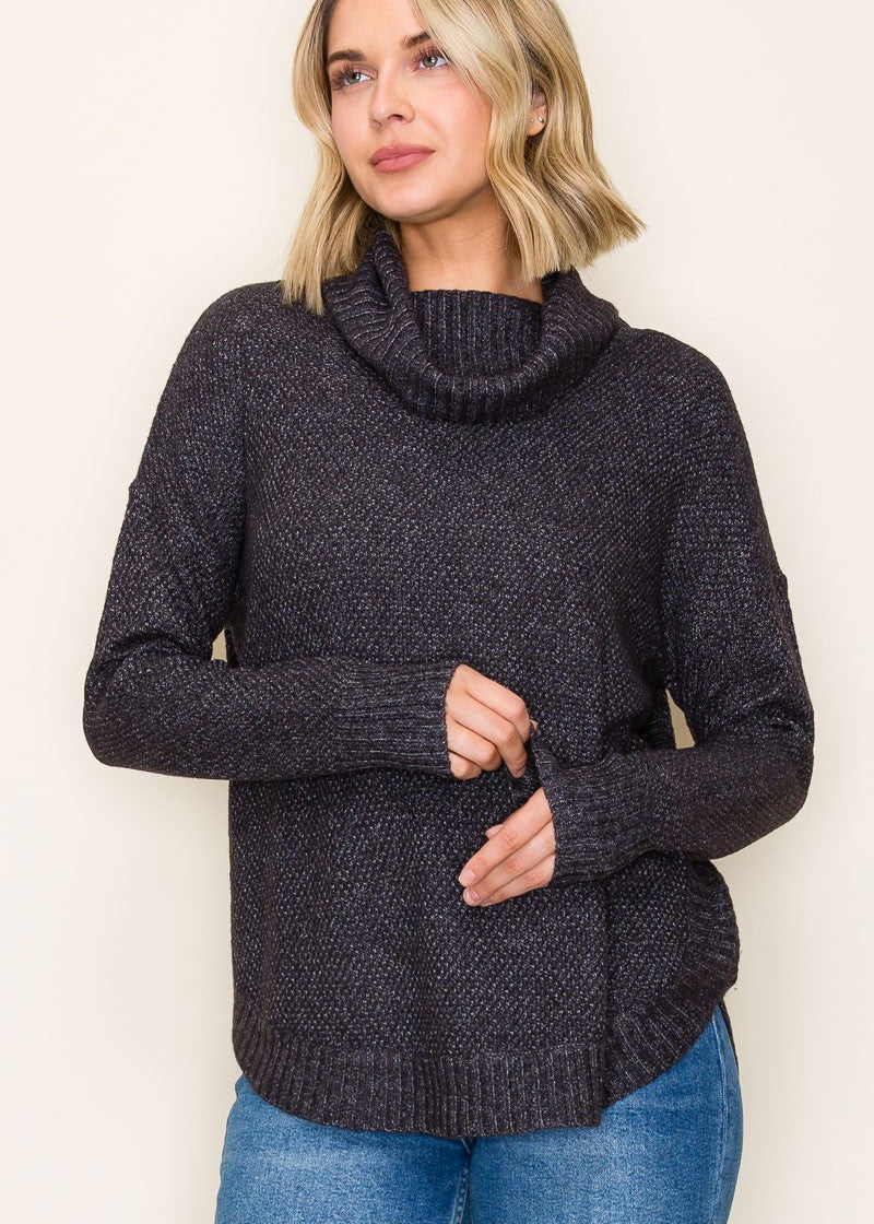 Long sleeved sweater with cowl neck in the color gunmetal