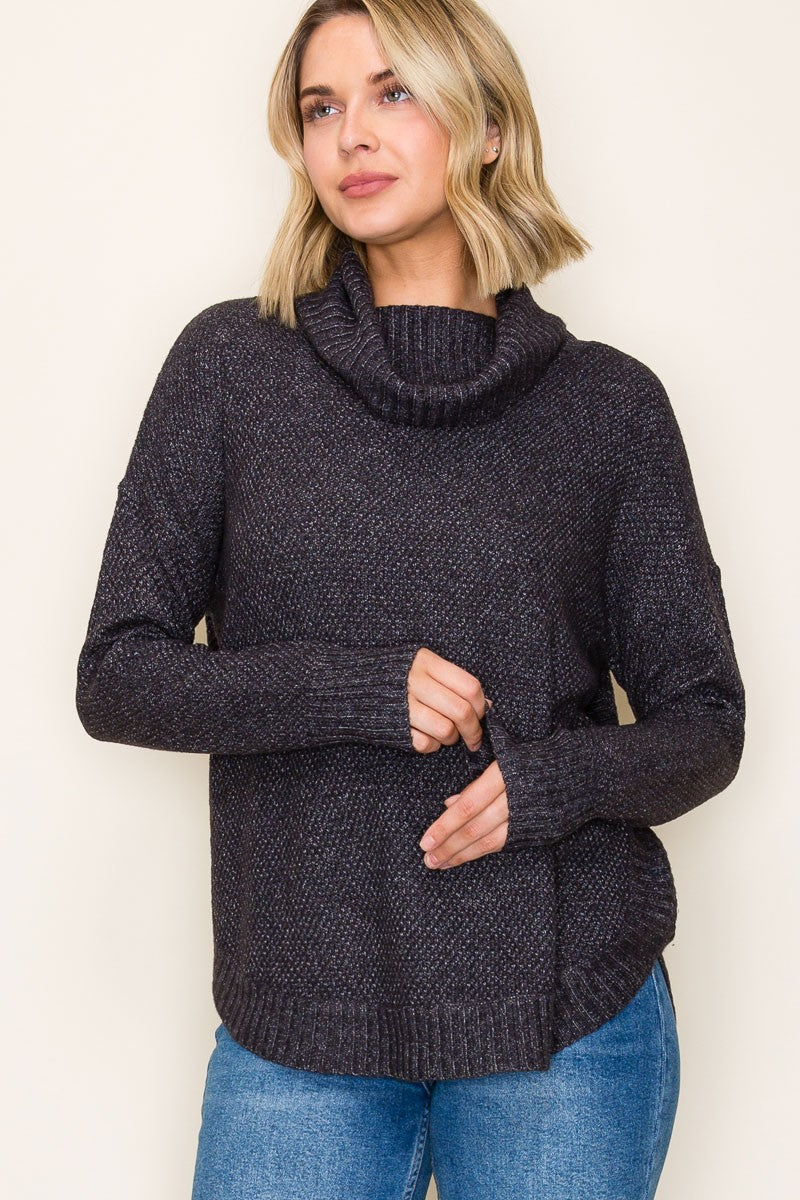 Long sleeved sweater with cowl neck in the color gunmetal