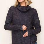 Long sleeved sweater with cowl neck in the color gunmetal