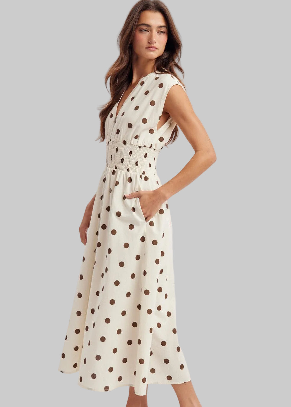 Cream dress with brown polka dots
