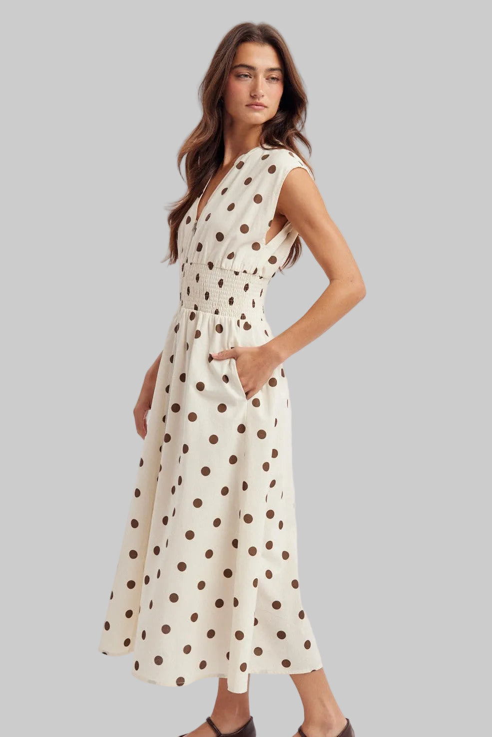 Cream dress with brown polka dots