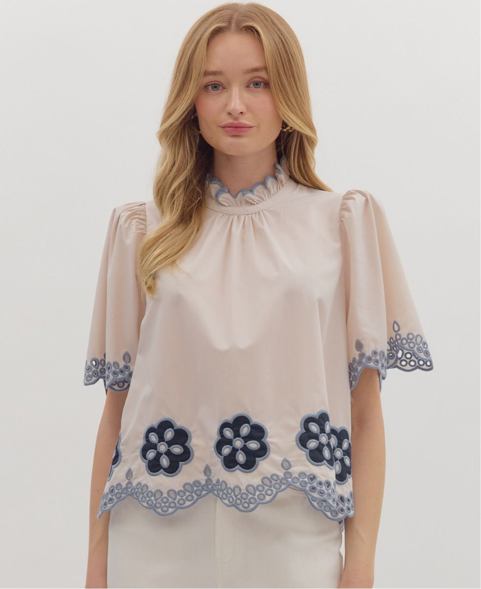 Ecru top with eyelet blue flowers