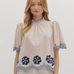Ecru top with eyelet blue flowers