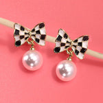 Checkered Bow Earrings with Drop Pearl