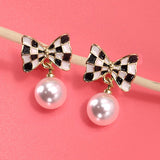 Checkered Bow Earrings with Drop Pearl