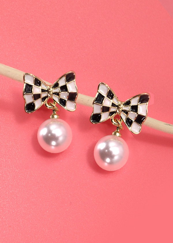 Checkered Bow Earrings with Drop Pearl