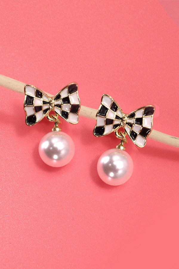 Checkered Bow Earrings with Drop Pearl