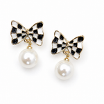 Enameled checkered bow earrings with pearl drop