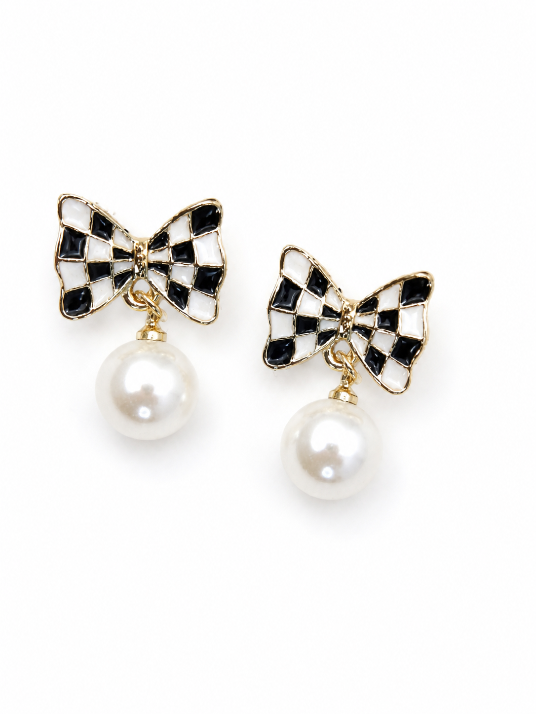 Enameled checkered bow earrings with pearl drop