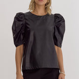 Faux Leather Round Neck Puff Sleeve Top