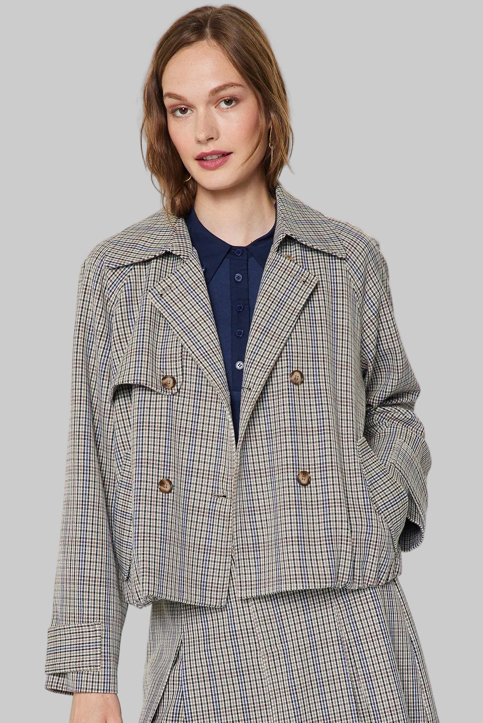 Women’s plaid cropped double-breasted trench jacket front view