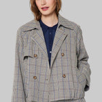 Women’s plaid cropped double-breasted trench jacket front view