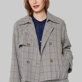 Women’s plaid cropped double-breasted trench jacket front view