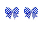 A pair of blue and white checkered bow post earrings.