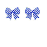 A pair of blue and white checkered bow post earrings.