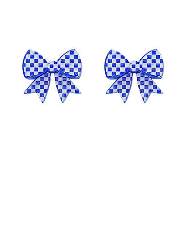 A pair of blue and white checkered bow post earrings.