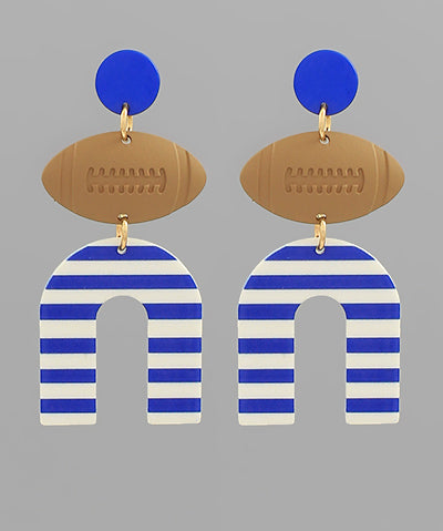 Earrings with blue and white striped 'U' shapes and brown football-shaped pendants