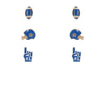 Three pair of enamel-style sports icon: two football-shaped pieces, two helmet-shaped pieces, and two foam finger shapes with the number 1.