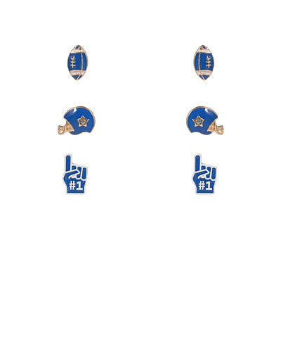 Three pair of enamel-style sports icon: two football-shaped pieces, two helmet-shaped pieces, and two foam finger shapes with the number 1.