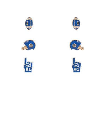 Three pair of enamel-style sports icon: two football-shaped pieces, two helmet-shaped pieces, and two foam finger shapes with the number 1.