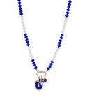 Necklace with blue and white beads with several small football themed charms