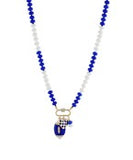 Necklace with blue and white beads with several small football themed charms