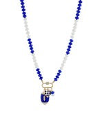 Necklace with blue and white beads with several small football themed charms