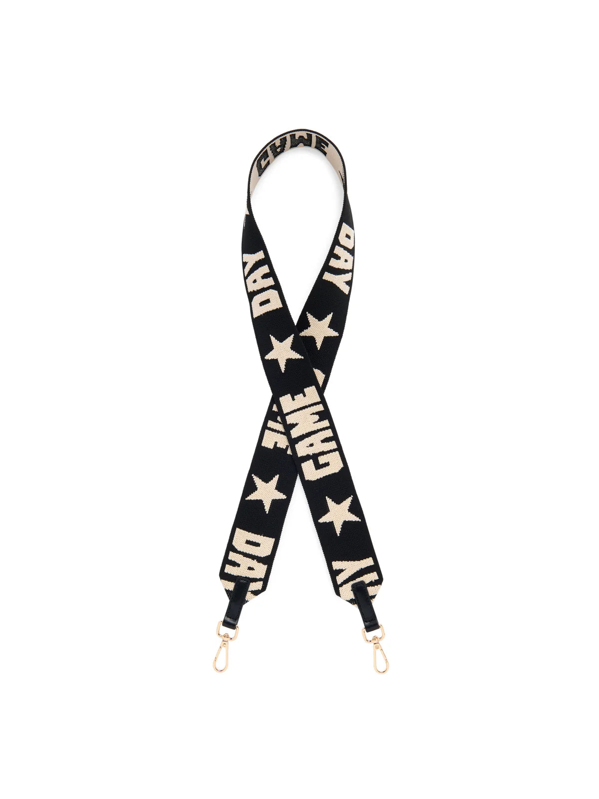 A black fabric shoulder strap with GAME DAY beige text and star patterns, featuring gold-tone metal clips at the bottom.