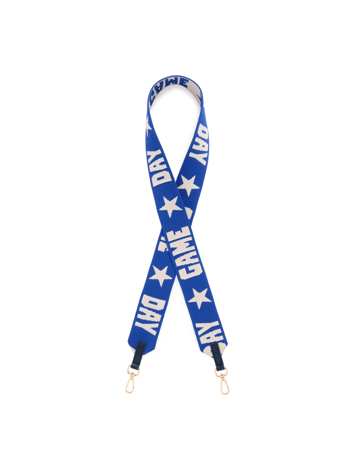 A blue purse strap with white text reading 'DAY GAME DAY' and white star patterns, featuring gold-tone metal clasps at the bottom.