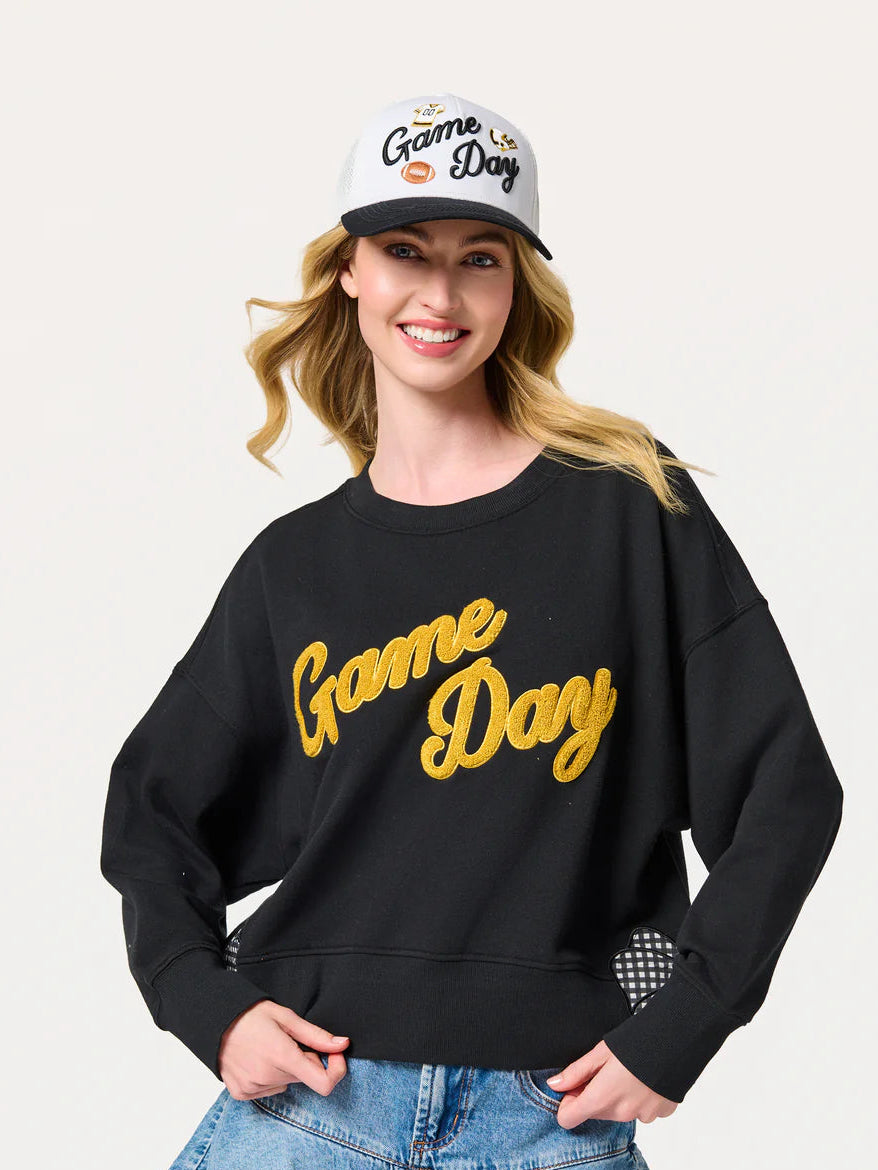 Black 'Game Day' sweatshirt, with Gold Game Day Lettering.