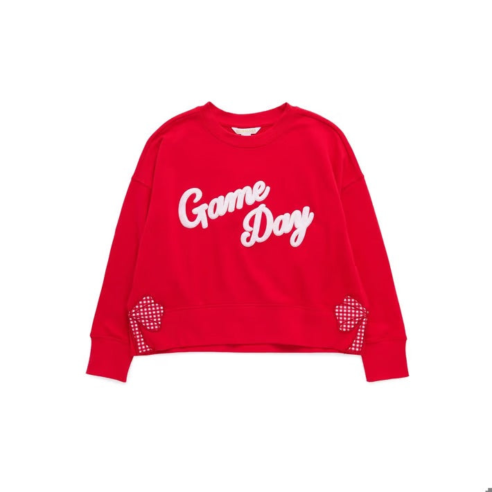 A bright red crewneck sweatshirt featuring the words 'Game Day' in white script across the chest, with Gingham bow cutout details on the lower sleeves.