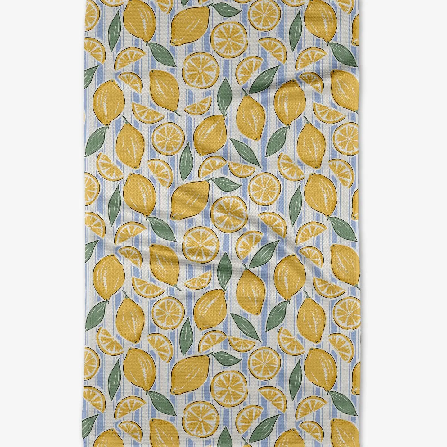Geometry towel Yellow lemons with Green leave and striped blue & White Background