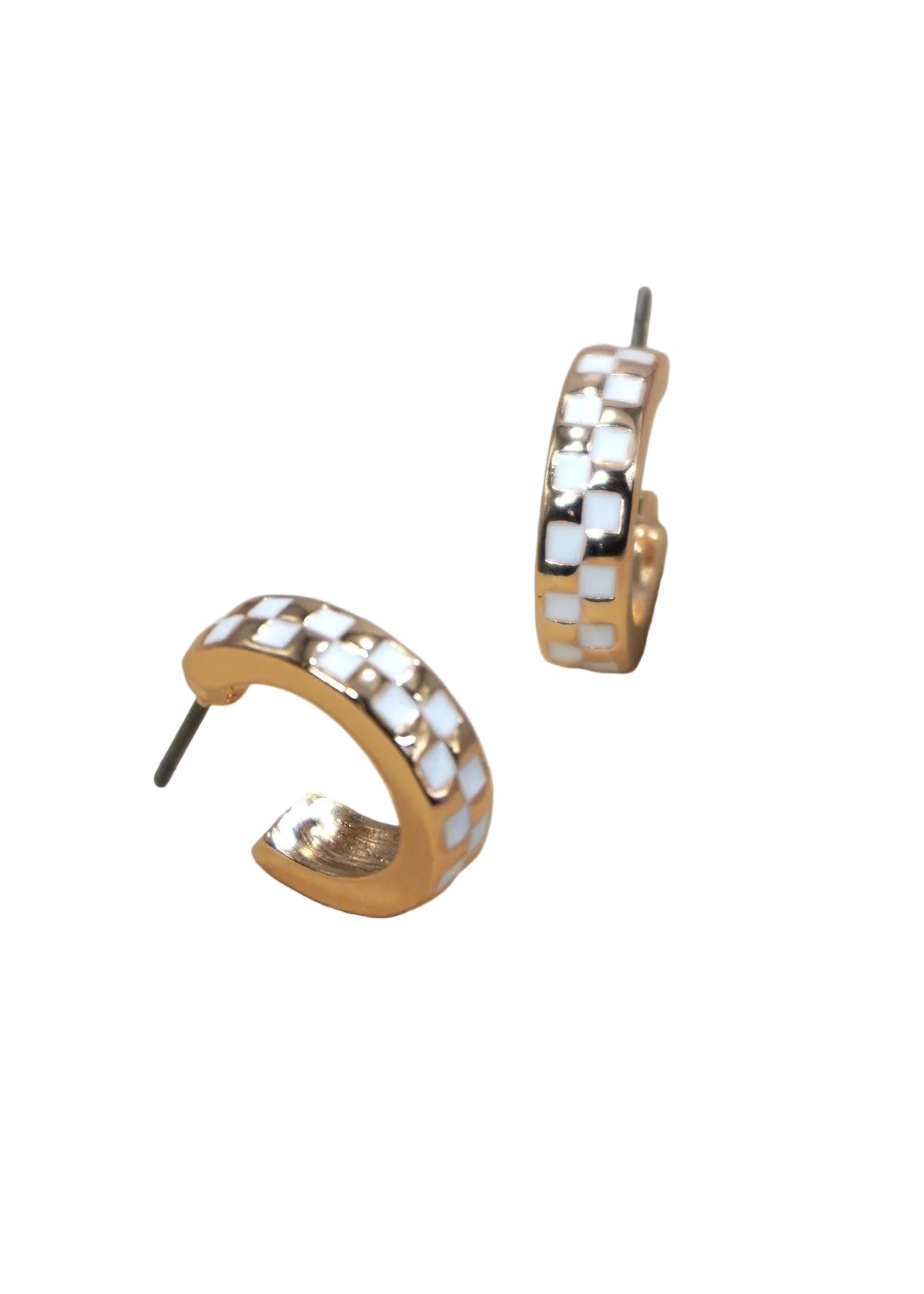 Gold and white checkered hoop earrings