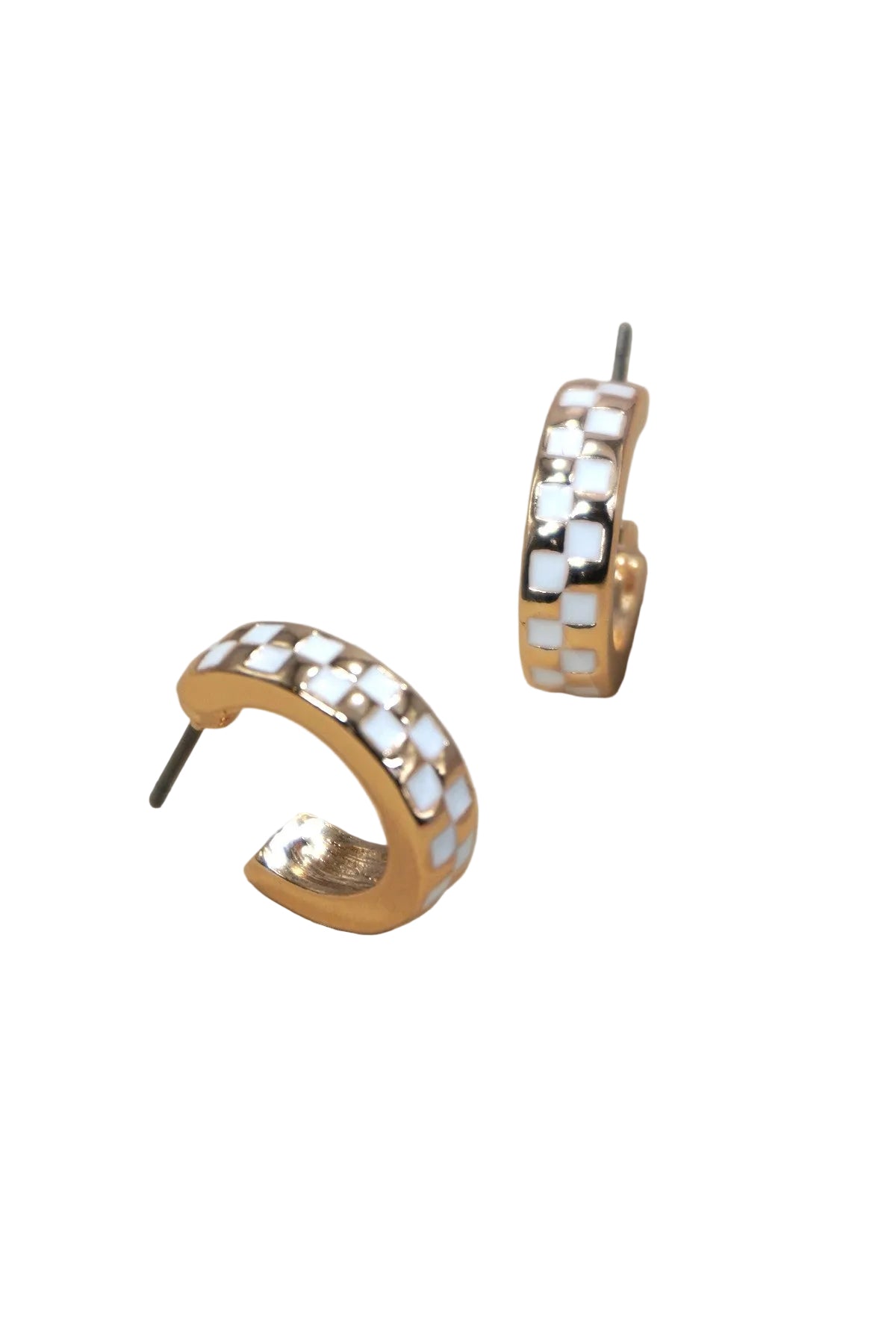 Gold and white checkered hoop earrings
