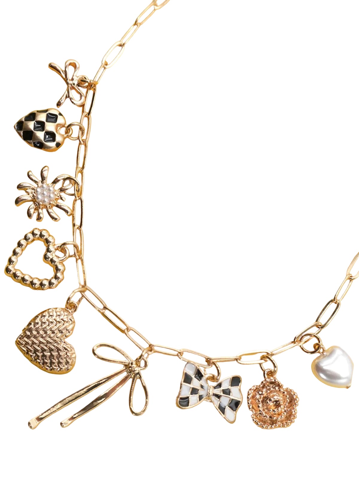 Gold tone charm necklace with checkered charms