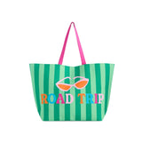 Green Stripe Tote with graphic sunglasses and wording "Road trip"