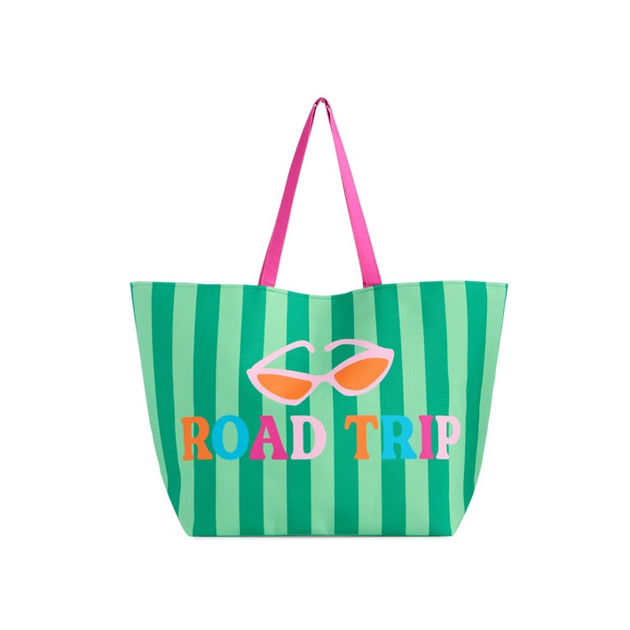 Green Stripe Tote with graphic sunglasses and wording "Road trip"