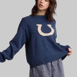  a navy blue crewneck sweater with a large horseshoe graphic on the chest