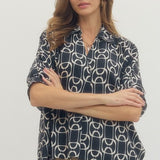 Navy Print Top w/Collar