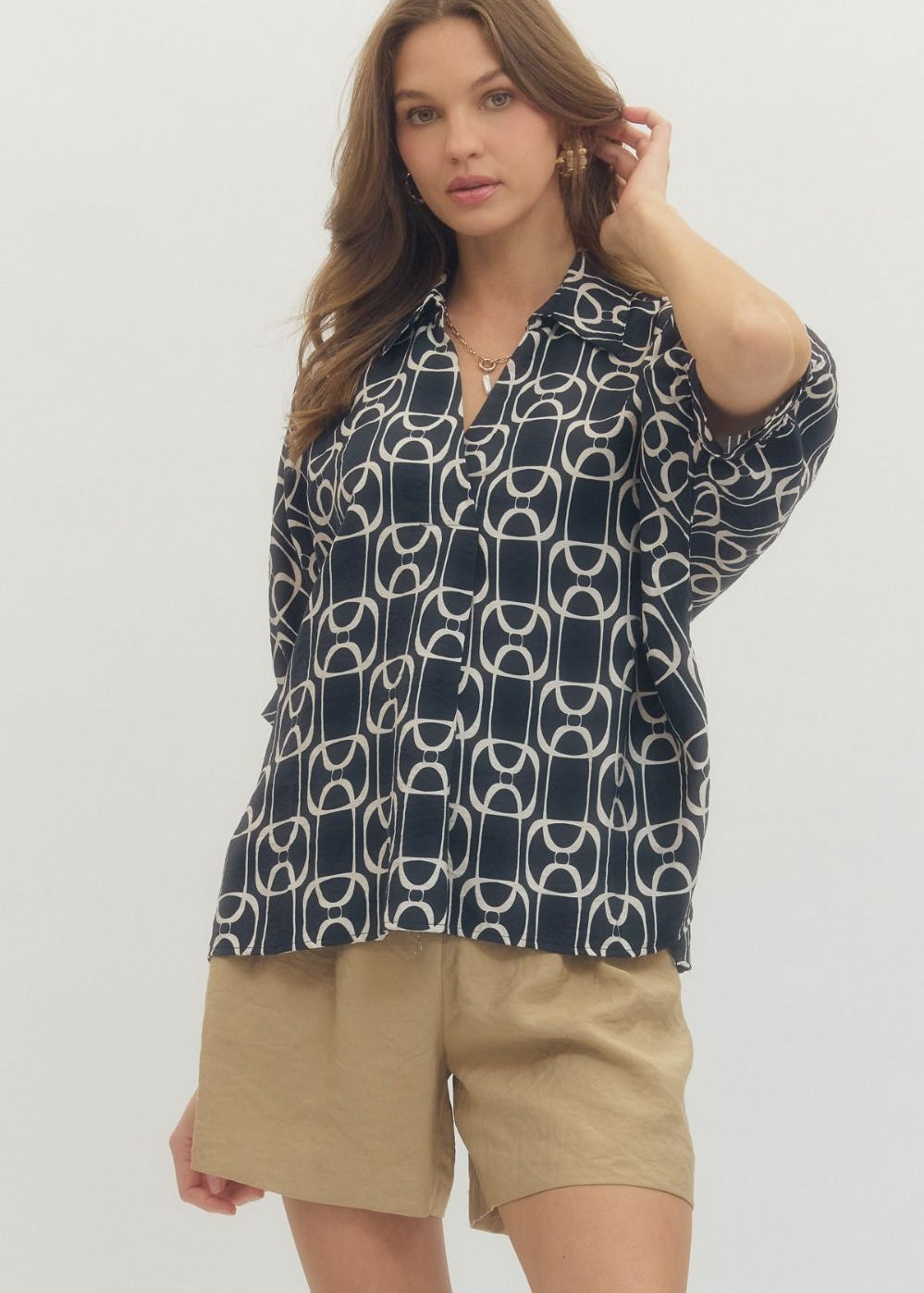 Navy Print Top w/Collar