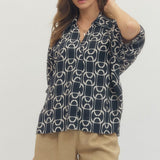 Navy Print Top w/Collar