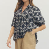 Navy Print Top w/Collar