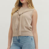 Sleeveless Sweater w/Faux Tie - Oatmeal